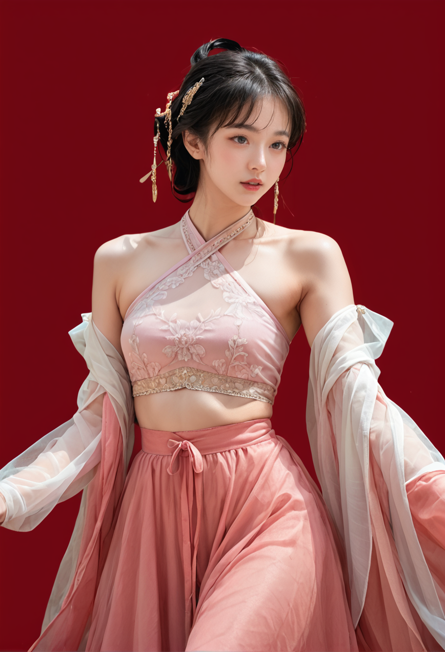 29427-320516211-red background,1girl,solo,,ruanyi0755,halterneck,pink dress,see-through,detached sleeves,navel,shawl,_lora_0755 Dunhuang Goddess.png